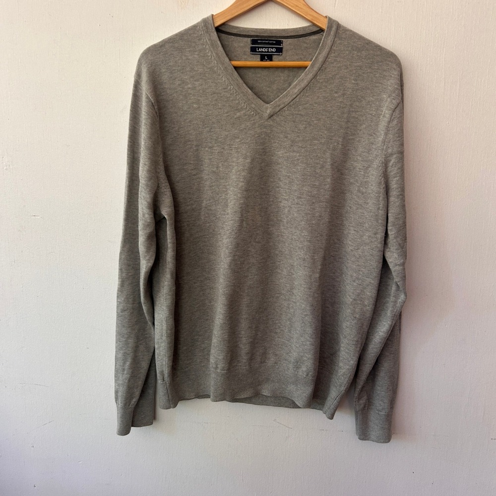 Lands End V-Neck Sweater Mens L Gray Supima Cotton Long Sleeve Classic Preppy